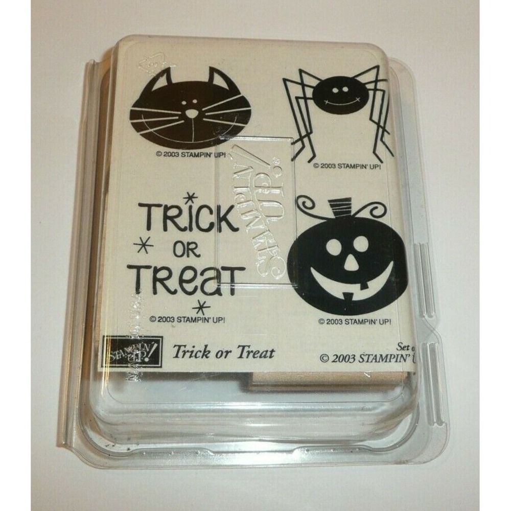 Trick or Treat Rubber Stamp Set Cat spider Pumpkin Wood Wooden Arts Halloween